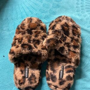 Steve Madden Brown Fuzzy Animal Print Slippers